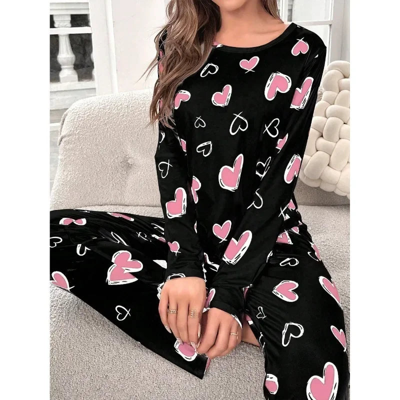 Sleepwear Women's Black Love Print Long Sleeve Trousers Student Loungewear Pajama Set Girl O-Neck Fashion Soft Casual Nightwear