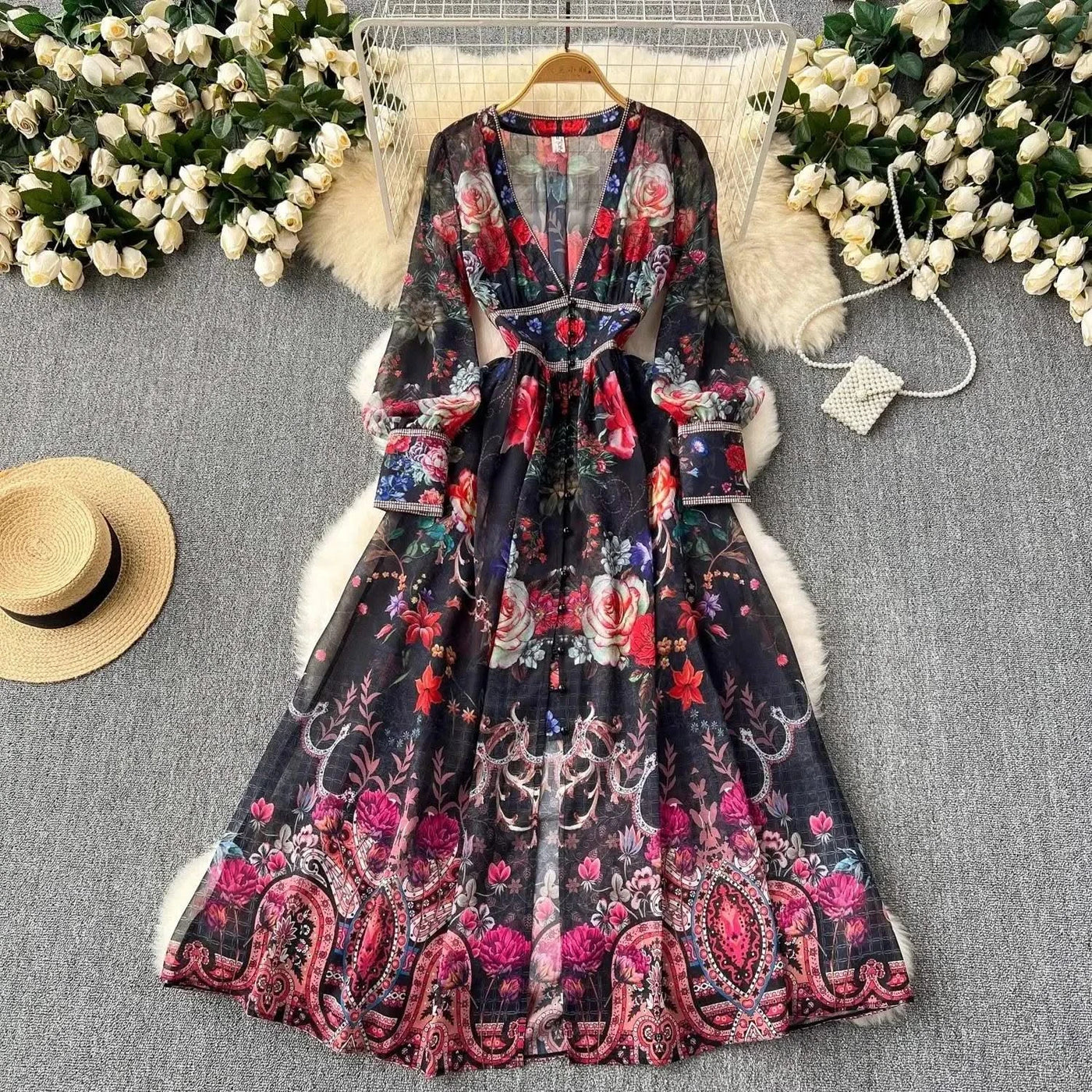 Summer Gorgeous Flower Dress Women Chiffon Clothing Sexy Deep V Neck Single Breasted Floral Print Beach Boho Long Robe Vestidos