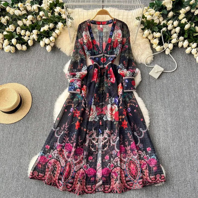 Summer Gorgeous Flower Dress Women Chiffon Clothing Sexy Deep V Neck Single Breasted Floral Print Beach Boho Long Robe Vestidos