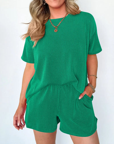 Women's clothing 2025 summer short-sleeved wavy crew neck top, elastic waist shorts two-piece set