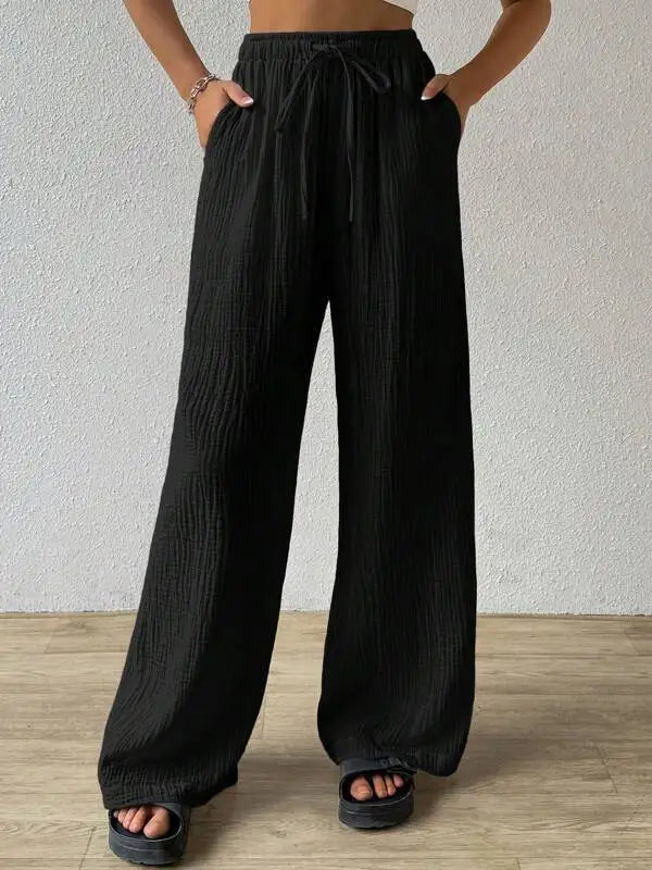 Wide Leg Floor Length Pants Women Drawstring Pant Loose Y2k Streetwear Capris Pockets Casual Sports Summer High Waist Basics
