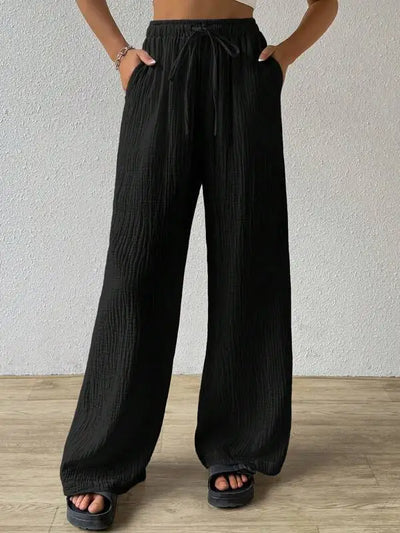 Wide Leg Floor Length Pants Women Drawstring Pant Loose Y2k Streetwear Capris Pockets Casual Sports Summer High Waist Basics