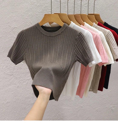 Summer T shirts for Women Casual Female Korean Knit Streetwear Tees Basic Solid Young Cool Tops