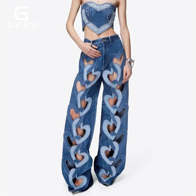 GPBD Fashion Women Jeans High Waist Heart Connectivity Contrast Color Hollow Out Straight Denim Pants 2025 New