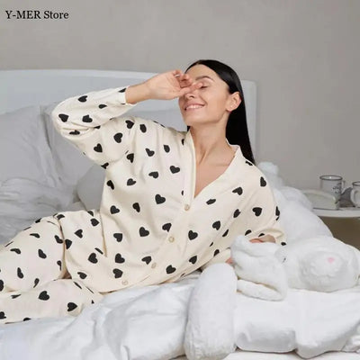 Love Pattern Waffle Pajamas Women Loungewear Set Cardigan Homewear Lady Long Sleeve Top Pant Nightwear 2025 Autumn Spring New