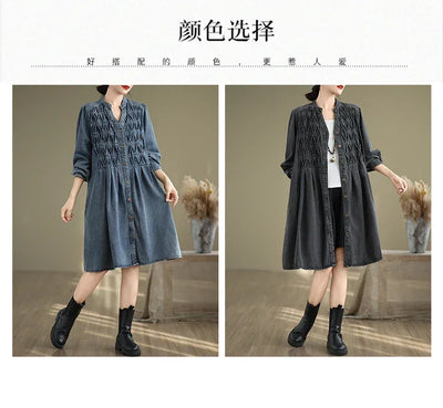 Denim Oversized Autumn Winter Long Sleeve Coat Women Ruffle Fashion Loose Pleated Ladies Jackets Retro Woman Jackets Coats