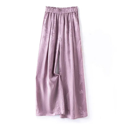 2025 Women's Fashion Spring New 100% Natural Mulberry Silk GuanLe Satin Fragrant Taro Purple High Waist Casual Wide Leg Pants
