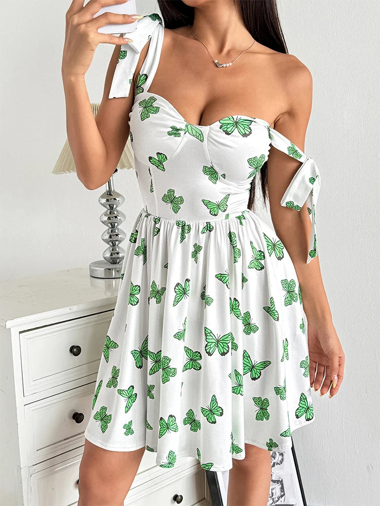 Summer New Women Dresses Streetwear Fashion Butterfly Print V-Neck Dress Sexy Female Backless Knitted Dress Casual Slim Clothing