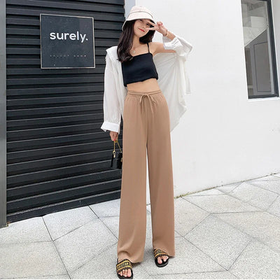 New Women Ankle-Length Wide Leg Pants Casual Summer Solid Elastic Waist Loose Ice Silk Pants Spring Summer Female Trousers
