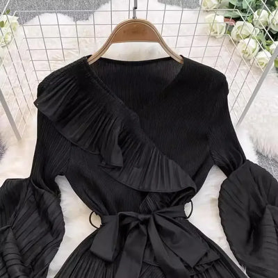 Women's V Neck Ruffles Splice Lantern Sleeve High Stretch Oversized Dresses Miyake Maxi Pleated 2025 Spring Long Party Clothing