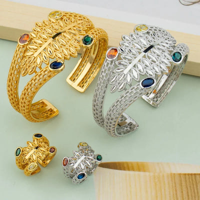 Luxury Bracelet Rings Dubai France Female 18k Gold Color Bangles For Women Bride Bangles Wedding Bracelet with Rings