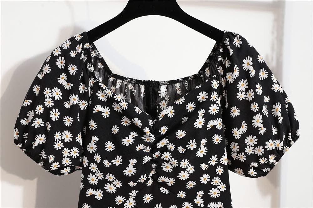 Women Mini Printed Floral Chiffon Shirring Pleated Short Puffy Sleeve Casual Dresses Summer Fashion