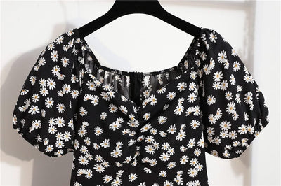 Women Mini Printed Floral Chiffon Shirring Pleated Short Puffy Sleeve Casual Dresses Summer Fashion