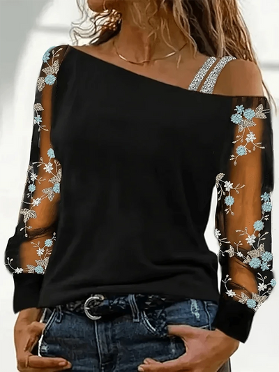 Women Casual Diagonal Collar Long Sleeve Tops
