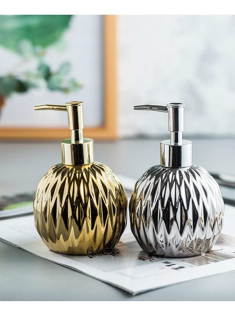Luxury Gold Soap Dispenser with Press handle  Ceramic Dispenser Silver Dispenser with stainless steel Tray Bathroom Accessory