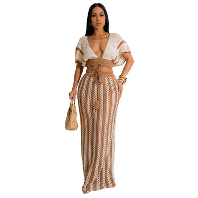 Summer 2 Pieces Women Vacation Outfits Striped Knitted Dress Sets Hollow Out Long Skirts and Short Sleeve V-Neck Crop Tops Set