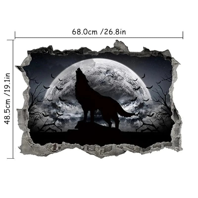 3D Broken Wall Hole Art Moon Night Wolf Howls Vinyl Mural Stickers Room Decorations for Home Items Self Adhesive Animal Poster