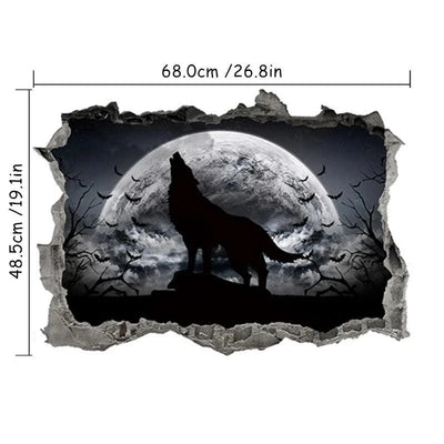 3D Broken Wall Hole Art Moon Night Wolf Howls Vinyl Mural Stickers Room Decorations for Home Items Self Adhesive Animal Poster