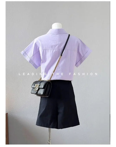 Women Clothing Summer Fashion Casual Button Solid Color Polo Collar Female Simplicity Temperament Appear Thin Short Sleeve Tops