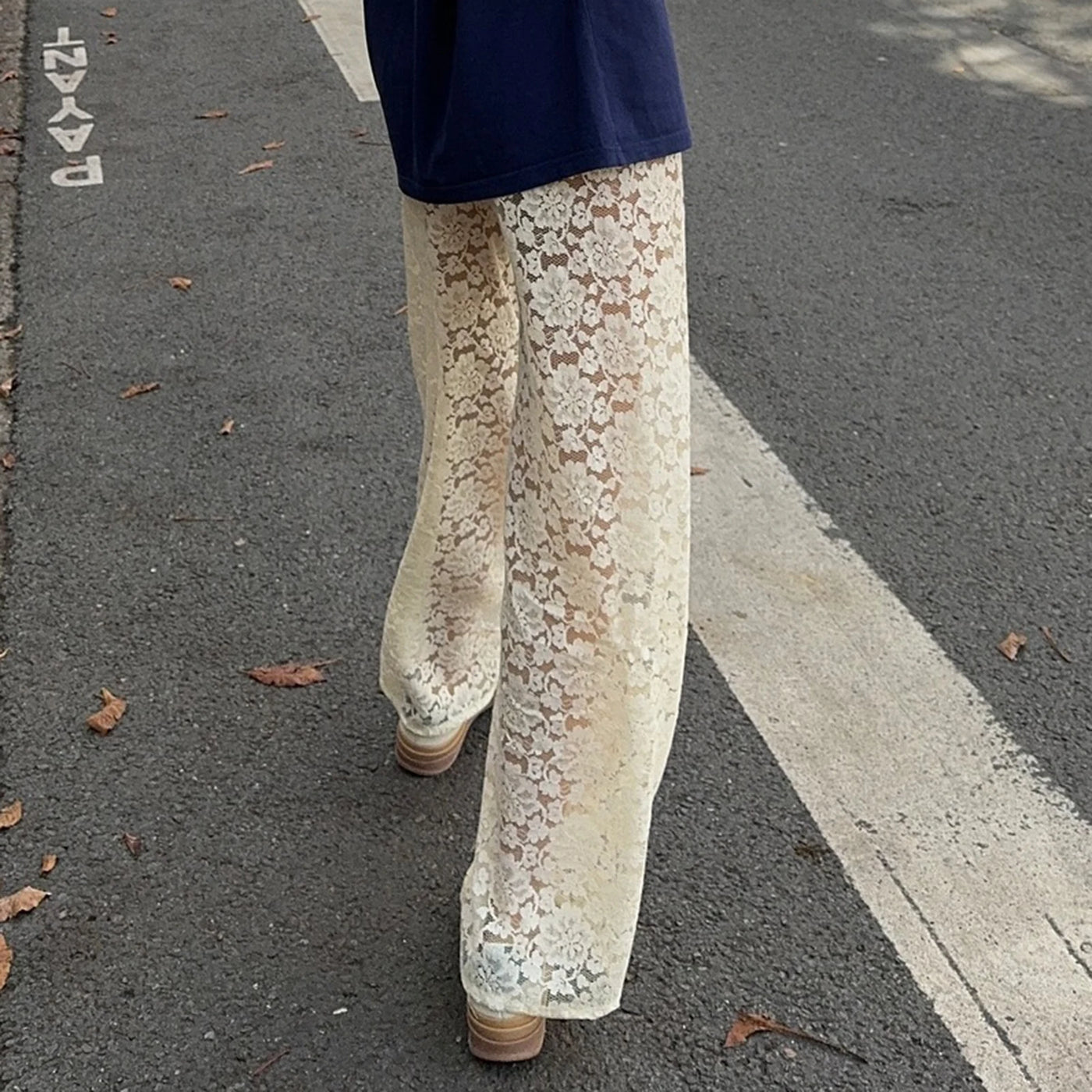 Women Fashion Lace Wide Leg Pants Casual Loose Sheer Lace High Waist Trousers for Work Office Streetwear