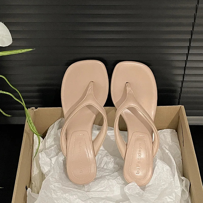 Women High-heeled Slippers 2025 Summer Clip Toe Flip Flop Fashion Pumps French Wedge Sandals Square Toe Ladies Shoes Sandalias