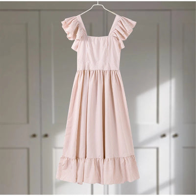 Ruffle Dress Women Fashion Backless A Line Slim Waist Striped Robe Female Flying Sleeves Buttons 2025 Summer Elegant Streetwear