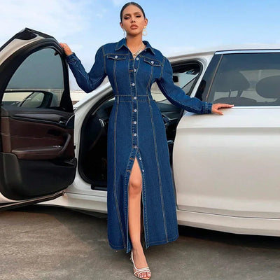 Denim Dress Women Long Dresses Spring Turn Down Collar Elegant Work Splice Vestidos Single Breasted A Line Y2k Tops Streetwear
