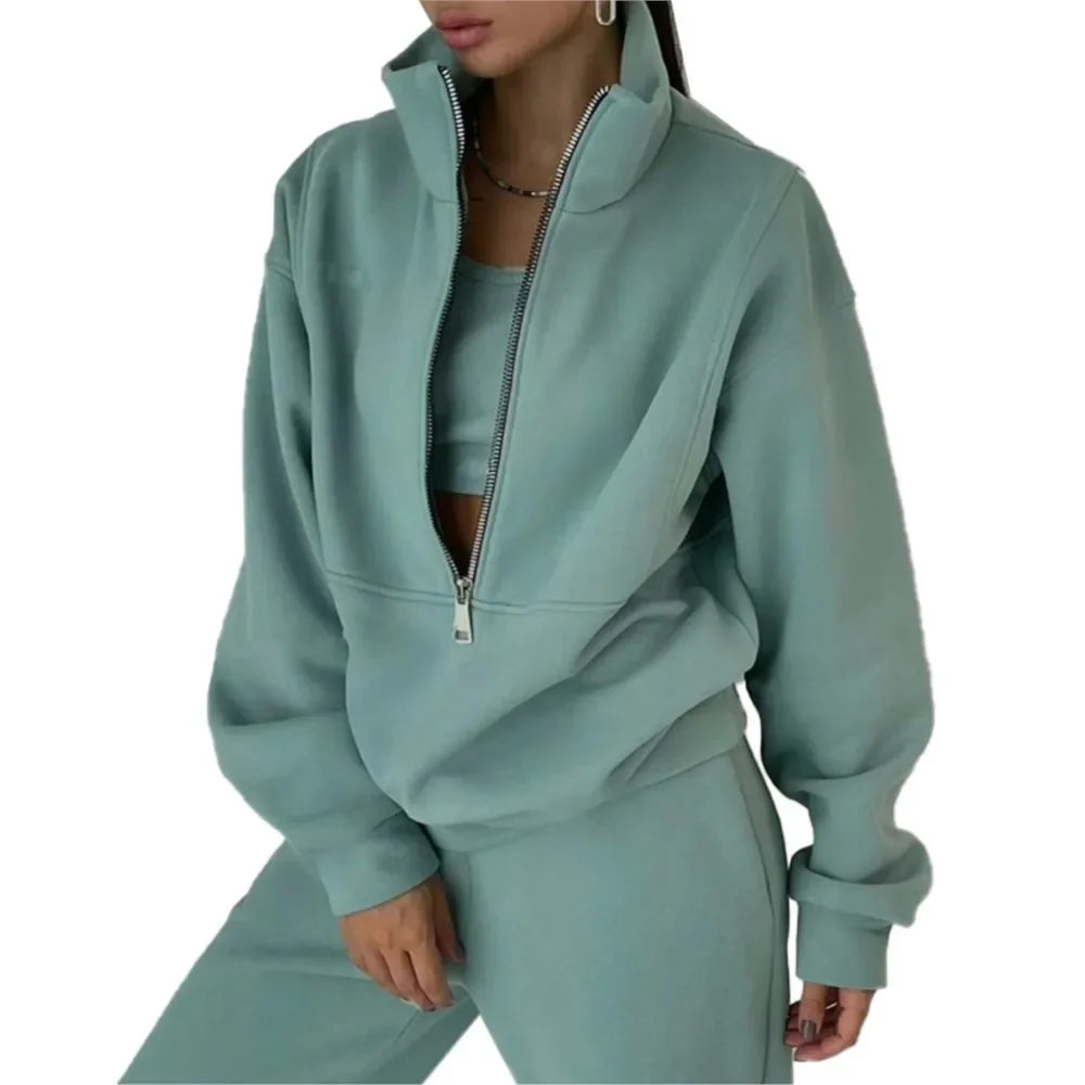 Autumn Winter Women Tracksuits Two Piece Outfits Fleece Lined Zipper Sweatshirt High Waist Pants Sets Female Sport Suits 2024