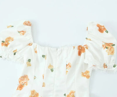Summer Dresses 2025 Women French Style Floral Print Puff Sleeve Dress Lace Trim A-line Short Elegant Sundress Chic Lady Robe