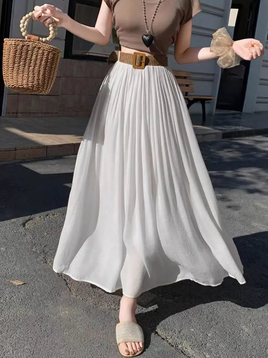 2025 New High Waisted Cotton Linen Pleated Midi Skirt – Summer Flowy A-Line Maxi Skirt for Women, Breathable & Elegant