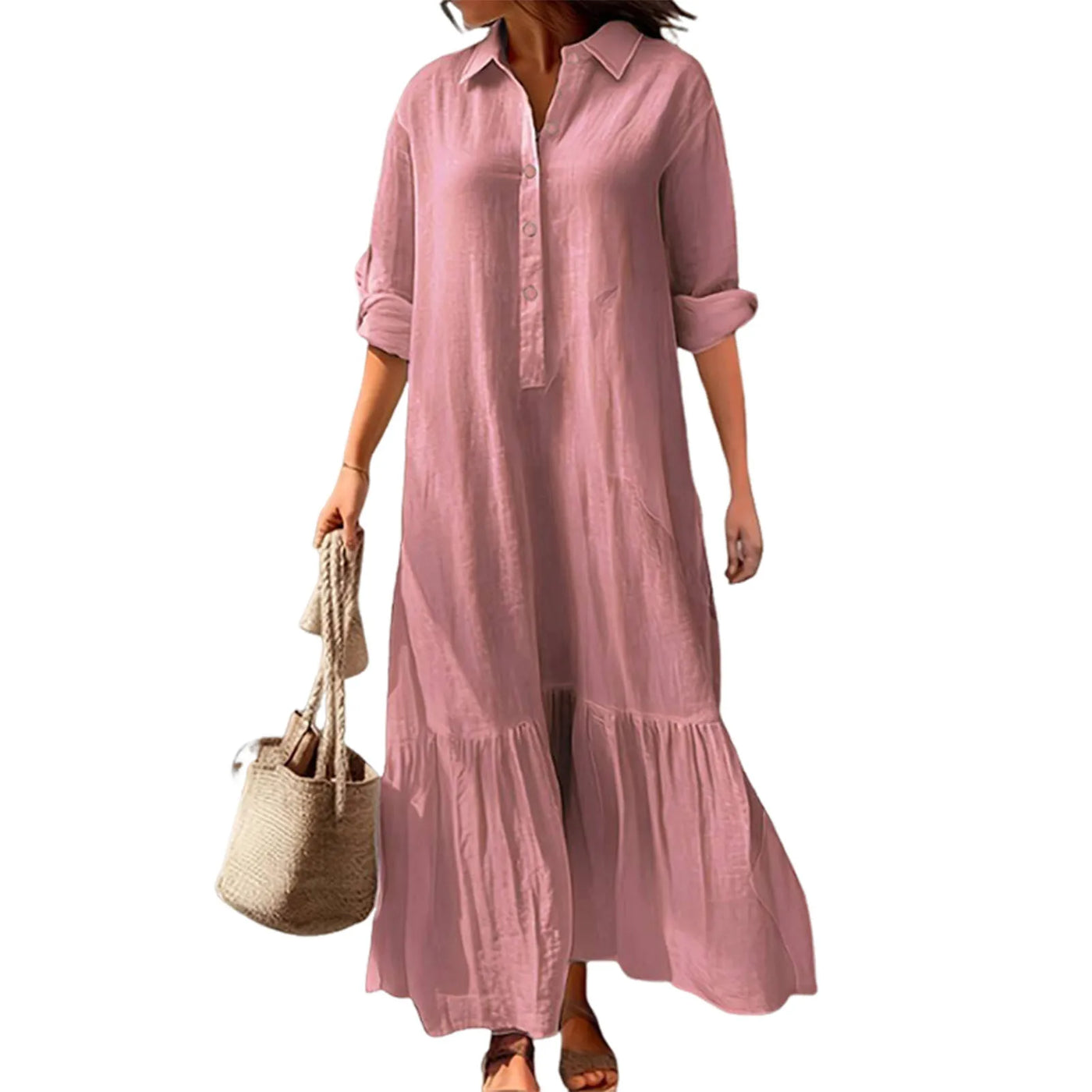 Stylish Button-breasted Dress for Women Elegant V-neck Cotton Linen Dress with Long Sleeves Button Decoration for Summer Ladies
