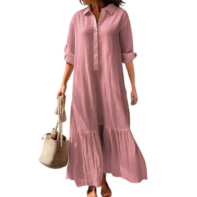 Stylish Button-breasted Dress for Women Elegant V-neck Cotton Linen Dress with Long Sleeves Button Decoration for Summer Ladies