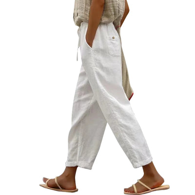 Women Solid Cotton Linen Pants Casual Baggy Elastic Waist Cropped Trousers Basic Wide Leg Linen Pants Pantalones De Mujer