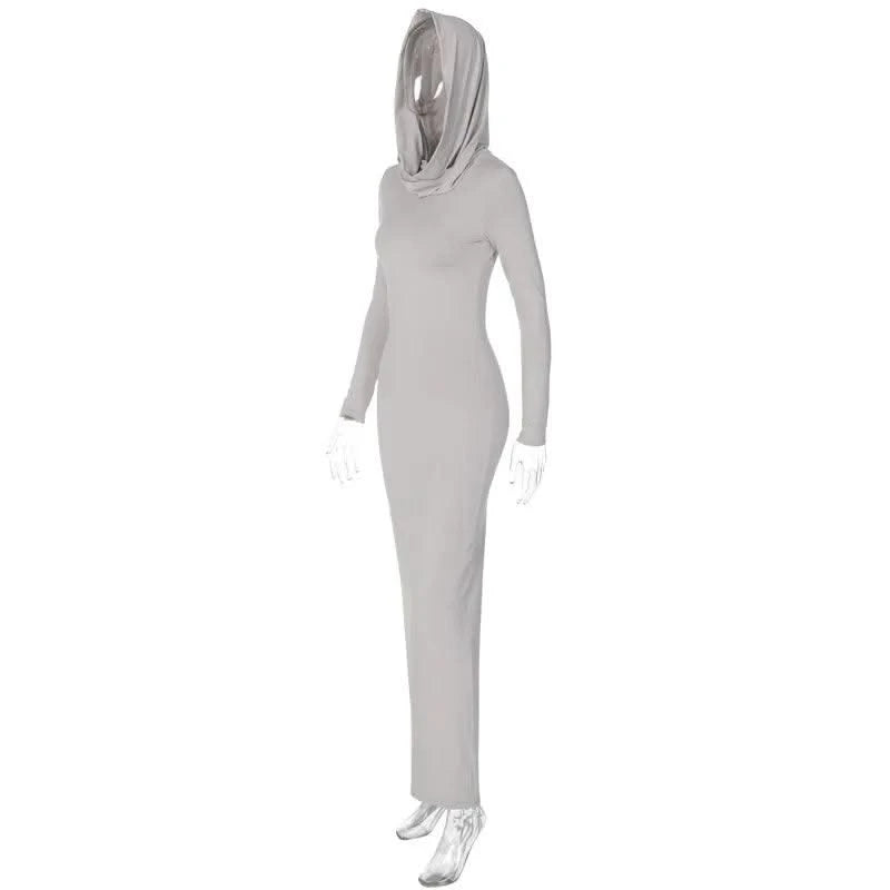 Hooded Long Dress For Women Y2k Clothes Sexy Streetwear Long Sleeve Bodycon Vestidos De Mujer Solid Robe Femme Été Back Split