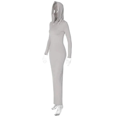 Hooded Long Dress For Women Y2k Clothes Sexy Streetwear Long Sleeve Bodycon Vestidos De Mujer Solid Robe Femme Été Back Split