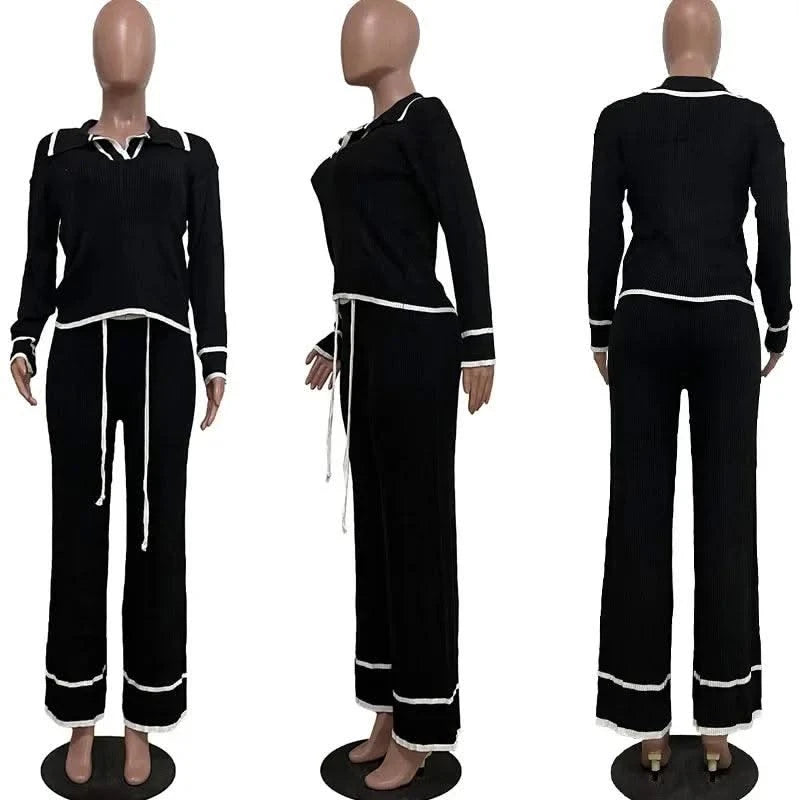 Active Wear Knitted Casual Tracksuit for Women Two Piece Set Sporty Fitness Striped Sweater Top and Wide Leg Pants Jogging Femme
