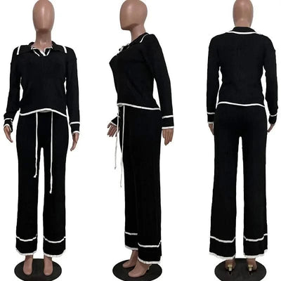 Active Wear Knitted Casual Tracksuit for Women Two Piece Set Sporty Fitness Striped Sweater Top and Wide Leg Pants Jogging Femme