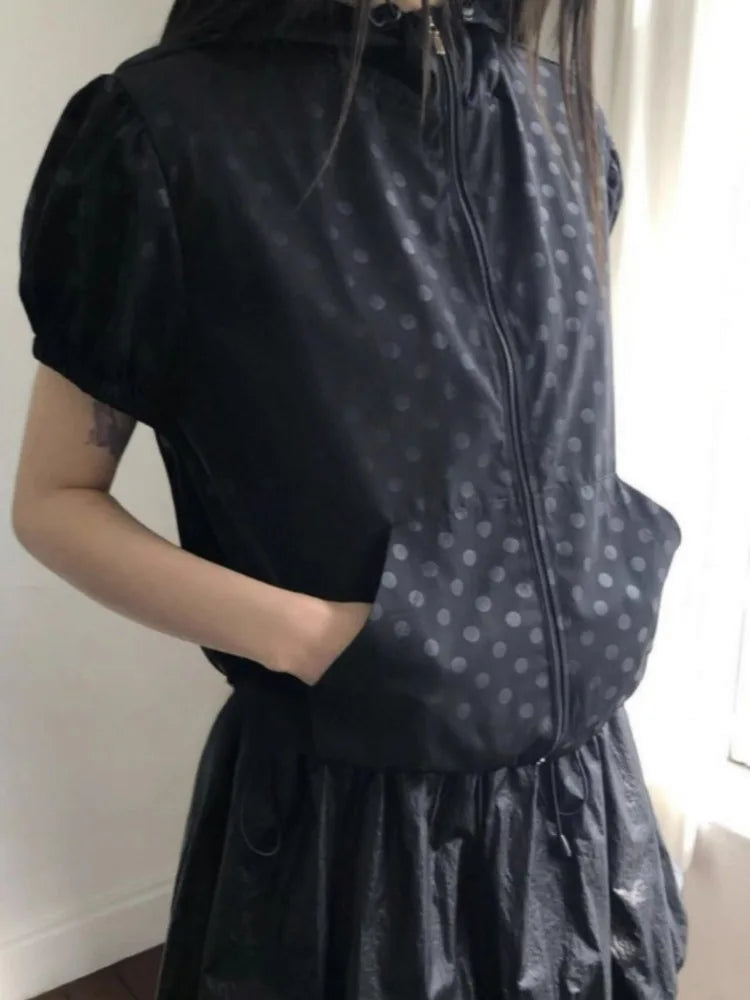 Streetwear Summer Coat for Women 2025 Ropa Mujer Short Sleeve Zipper Hooded Polka Dot Vintage Y2k Tops Casual Thin Jacket 27x969