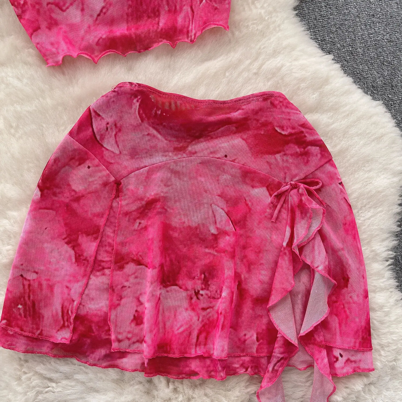 Women's Summer Sexy 2 Pieces Set New Chic Printed Spaghetti Strap Sleeveless Crop Top and Elastic Waist Ruffles Mini Skirt Suits