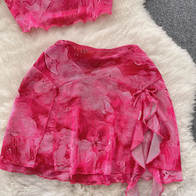 Women's Summer Sexy 2 Pieces Set New Chic Printed Spaghetti Strap Sleeveless Crop Top and Elastic Waist Ruffles Mini Skirt Suits