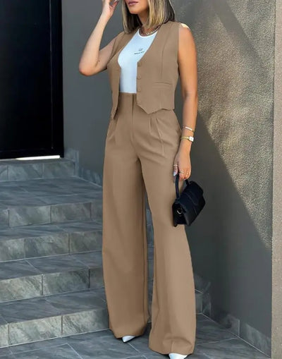 Trousers Suit Women's Vest Trousers Suit Elegant Loose Regular Work Suit High Waist Wide-leg Trousers 2-piece Street Suit