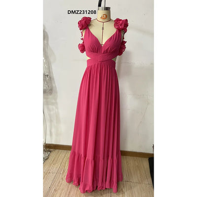 Women Wedding Dresses Summer Chiffon Flower Dress Backless Cross Tie Pleated Large Swing Evening Dress Vestidos De Mujer