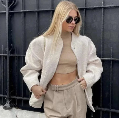 Woman's Oversized Bomber Jacket Autumn New Round Neck Long Sleeve Pocket Hidden Button Loose Jackets Coat Female Outerwear
