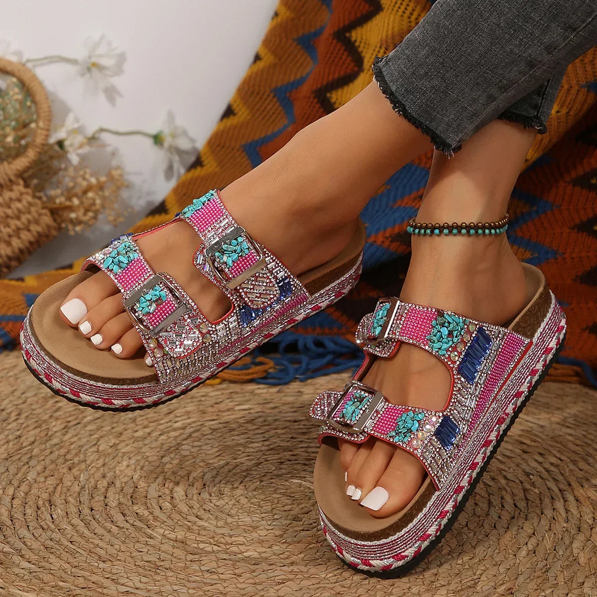 New Women's Rhinestone Thick Sole Twine Double Buckle Sandals, Soft Comfortable Women's Beach Slippers Large size