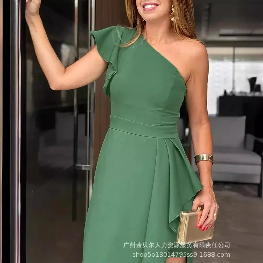 Women Ruffle Hem One Shoulder Asymmetrical Midi Dress High Waist Solid Color Sexy Summer Long Dress