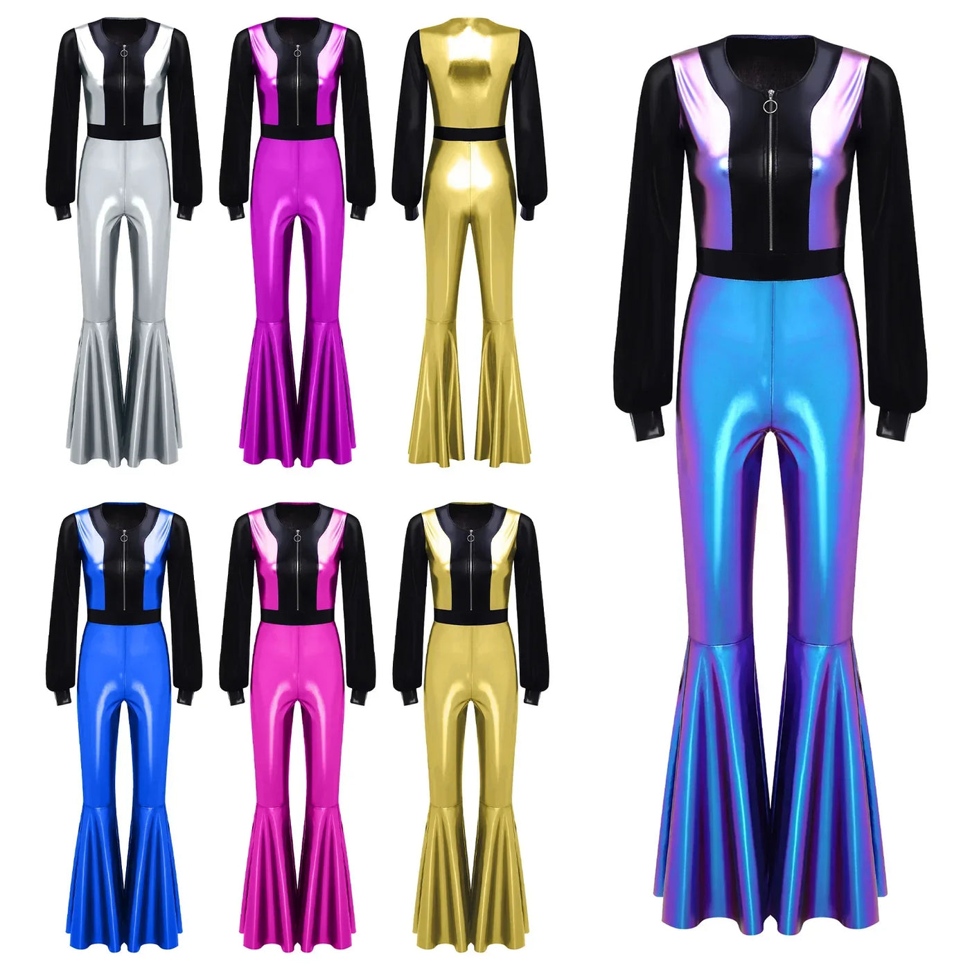 Womens Vintage 70s 80s Disco Dance Jumpsuit Mesh Long Sleeve Bell Bottom Pants Metallic Shiny Rompers Bodysuit Halloween Costume