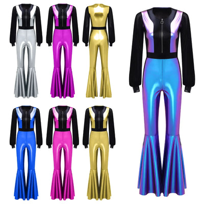 Womens Vintage 70s 80s Disco Dance Jumpsuit Mesh Long Sleeve Bell Bottom Pants Metallic Shiny Rompers Bodysuit Halloween Costume