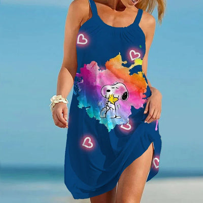 Snoopy Kawaii Women's Beach Dresses Leisure Boho Sanrio Elegant Chic Dress Sling Y2k S-3XL 2024 Summer Youthful Woman Clothes