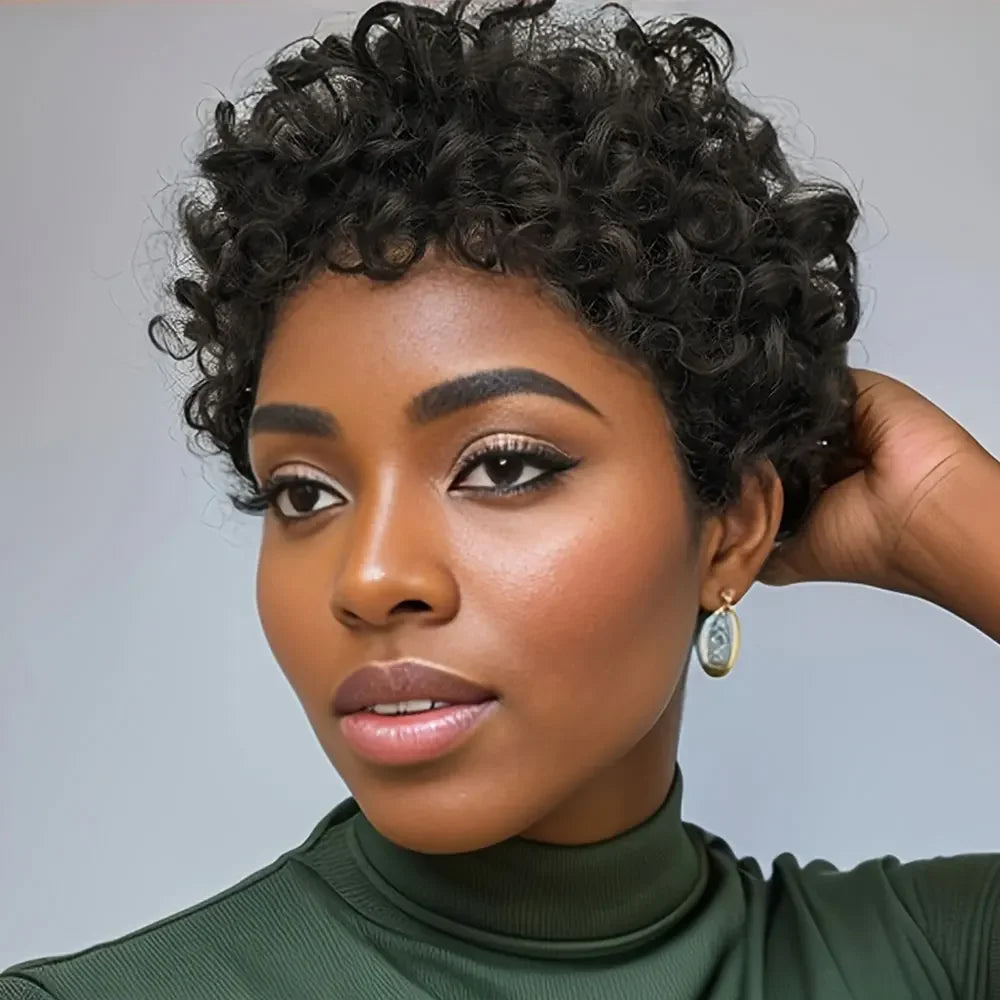 LD Curly Wigs Human Hair Short Curly Human Hair Wig for Women Natural Black Pixie Cut Wigs for Black Women Machine Made Wig