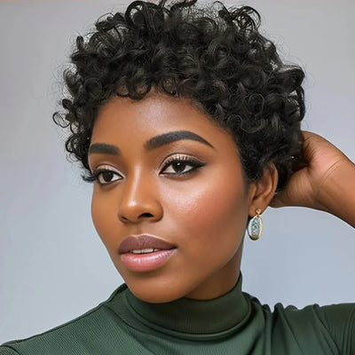LD Curly Wigs Human Hair Short Curly Human Hair Wig for Women Natural Black Pixie Cut Wigs for Black Women Machine Made Wig